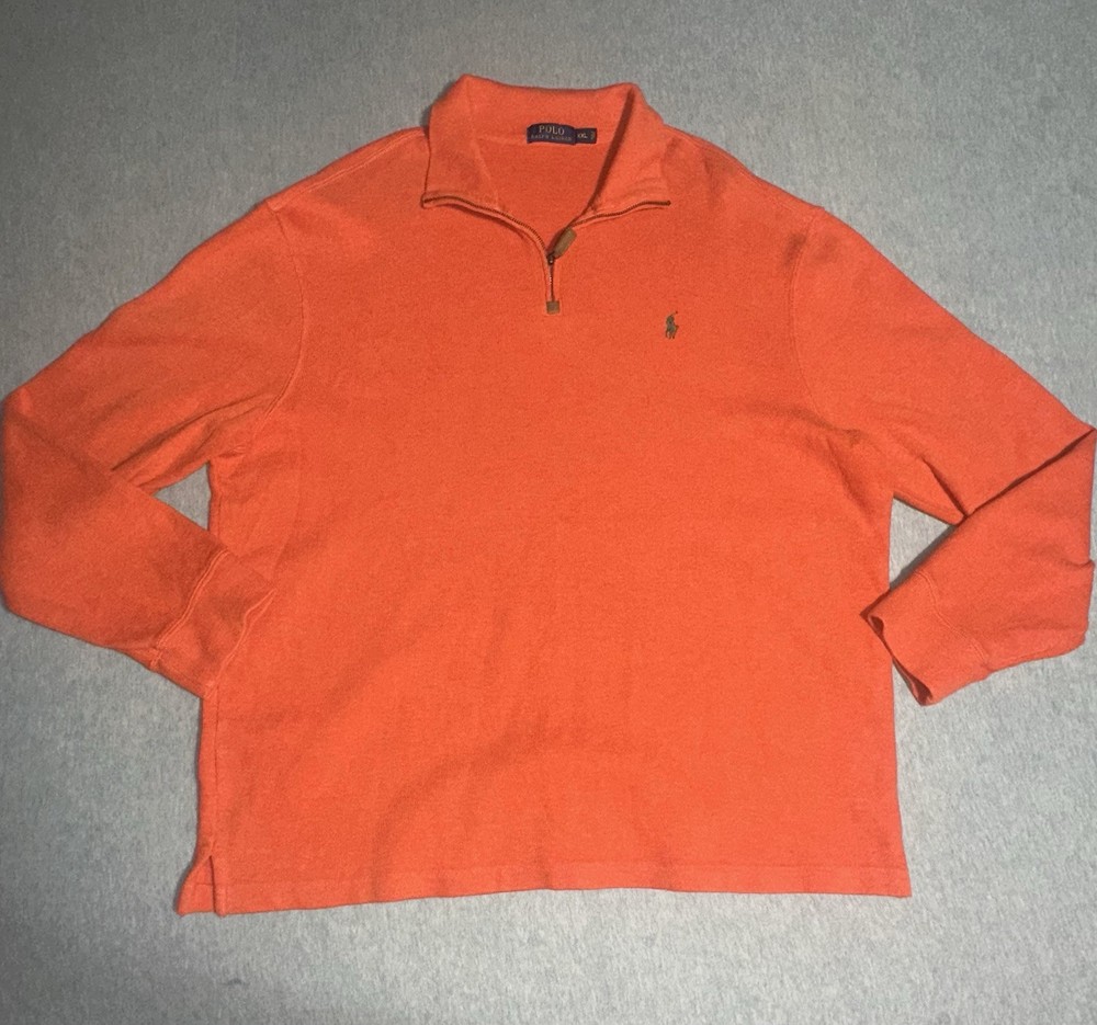 Polo Ralph Lauren XXL Orange Mock Neck 1/4 Zip Knit Cotton Sweater Green Horse