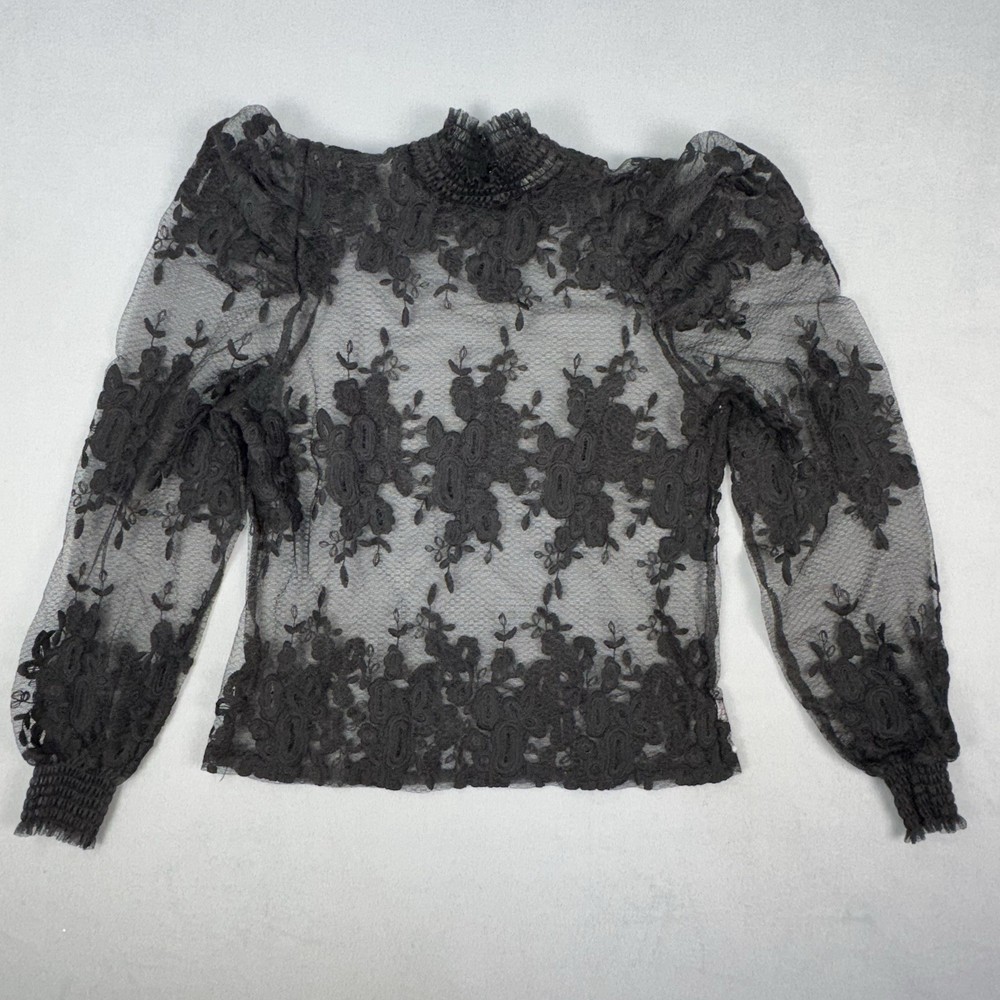 Victorian Black Sheer Lace Blouse Puff Sleeve Romantic Goth Dark Fairy Top S
