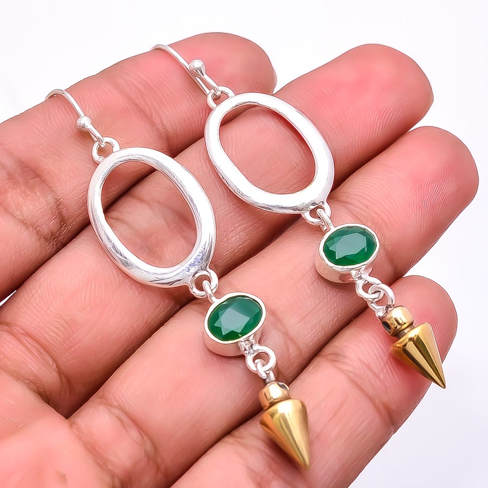 Simulated Emerald 925 Sterling Silver Two-Tone Arrow Head Earrings 2.73 Inch E7