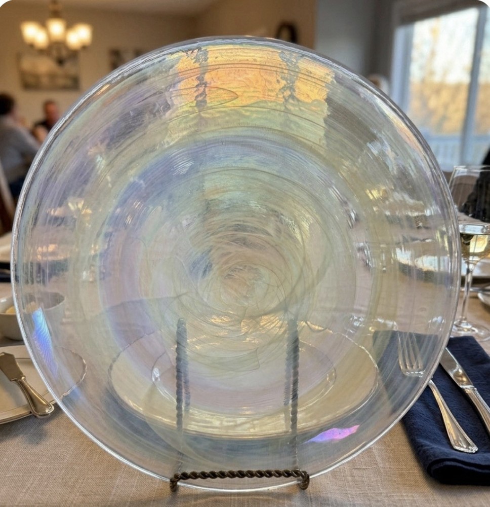 2 Artistic Accents Iridescent Salad Plates Hand Blown Art Glass White Swirl 8”