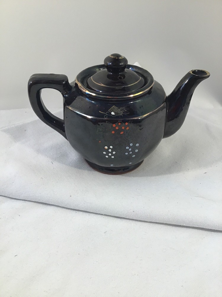 Vintage Handpainted Japanese Brown Floral Ceramic Teapot Redware