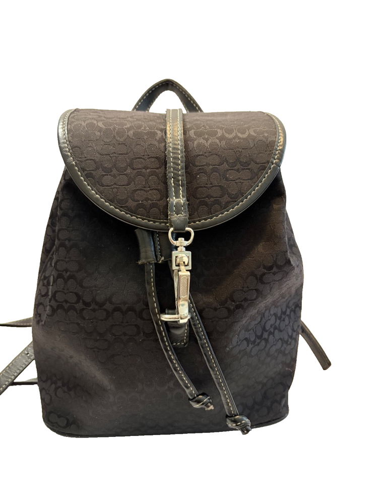 Vintage Coach 4155 Black Signature Canvas Leather Drawstring Backpack Excellent Condition