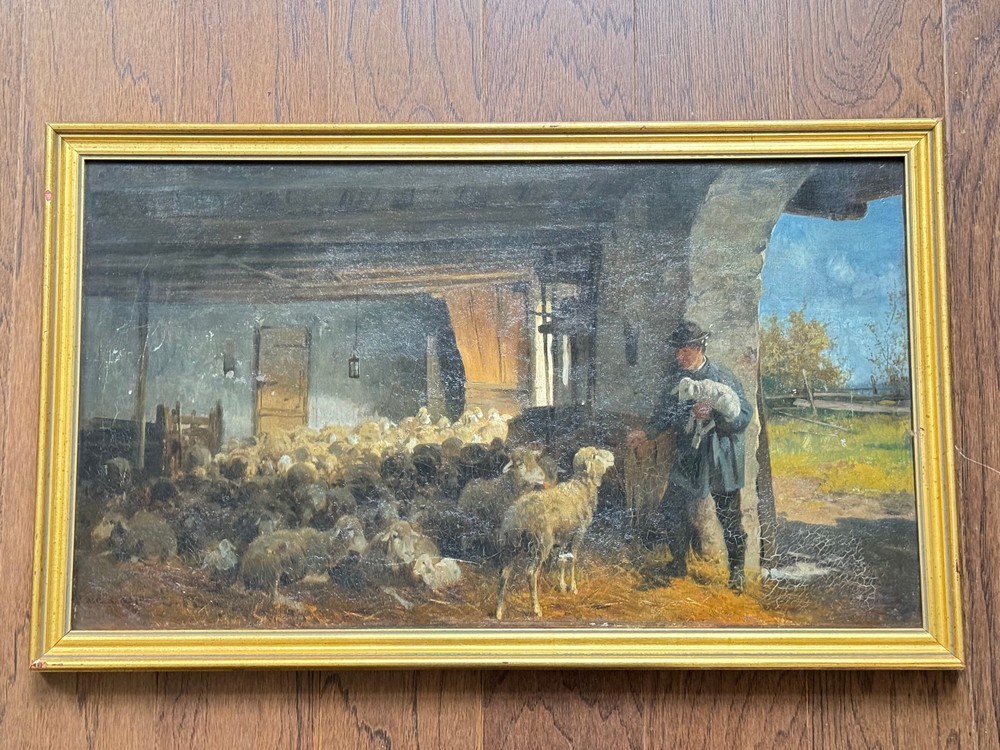 RARE Antique 1800s Oil Painting Sheep Farmer Taking Lamb Herd Barn Signed 28x17