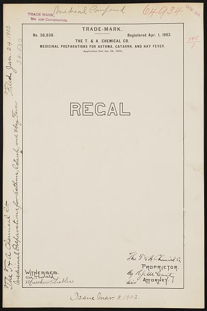 T. . Chemical Co. Regal brand Medicinal Preparations Asthma, Catarrh, Hay Fever