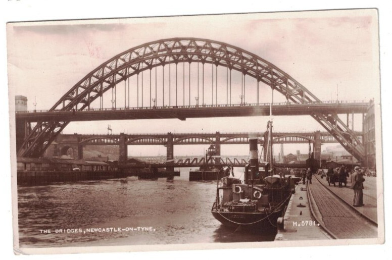 Vintage 1951 Rppc Real Photo The Bridges & Tugboats Newcastle-On-Tyne England