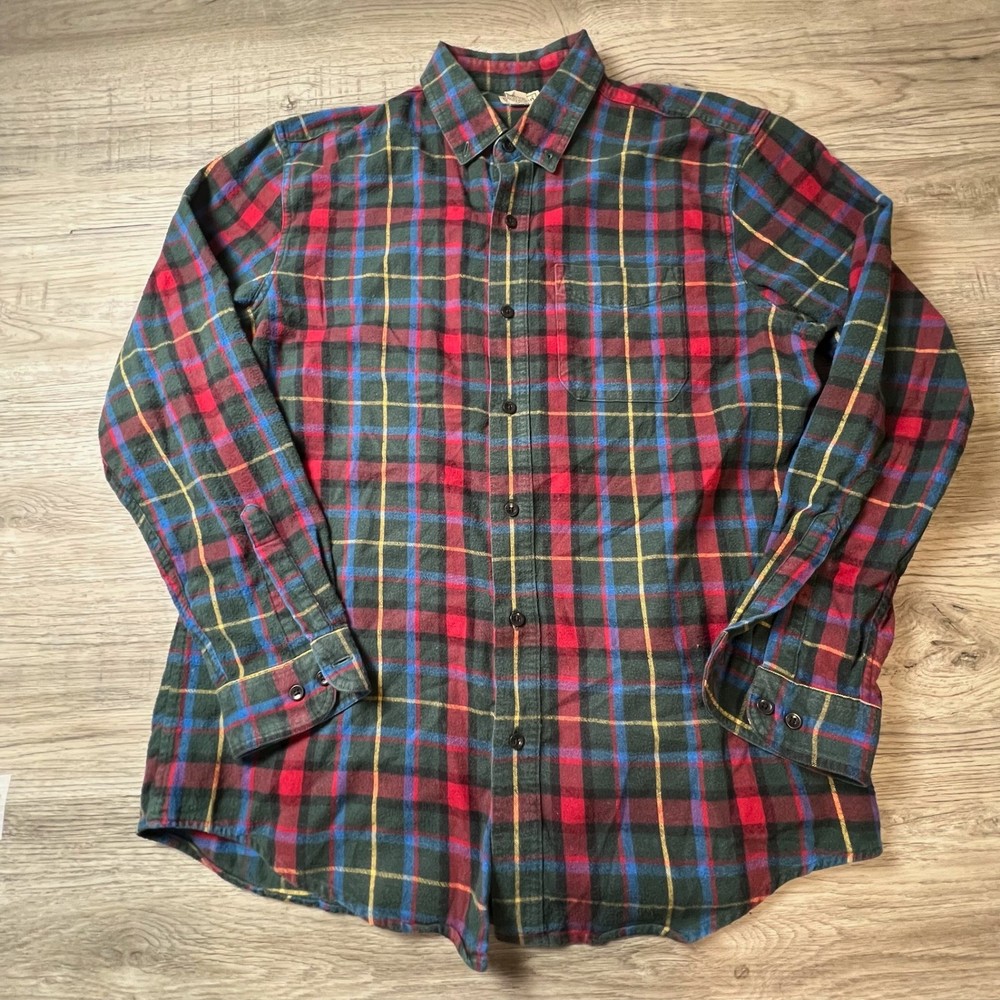 L.L. Bean Flannel Shirt Mens L Green Red Plaid Slightly Fitted Cotton Button Up
