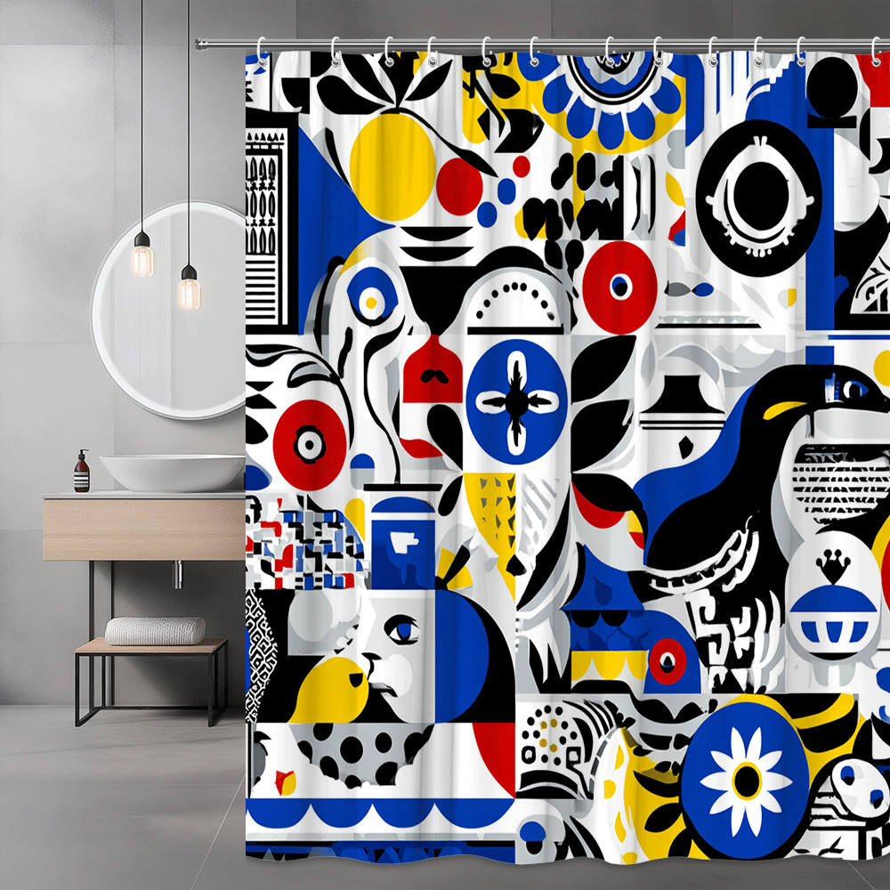 Abstract Graphic Print Shower Curtain Blue Red Yellow Black-image