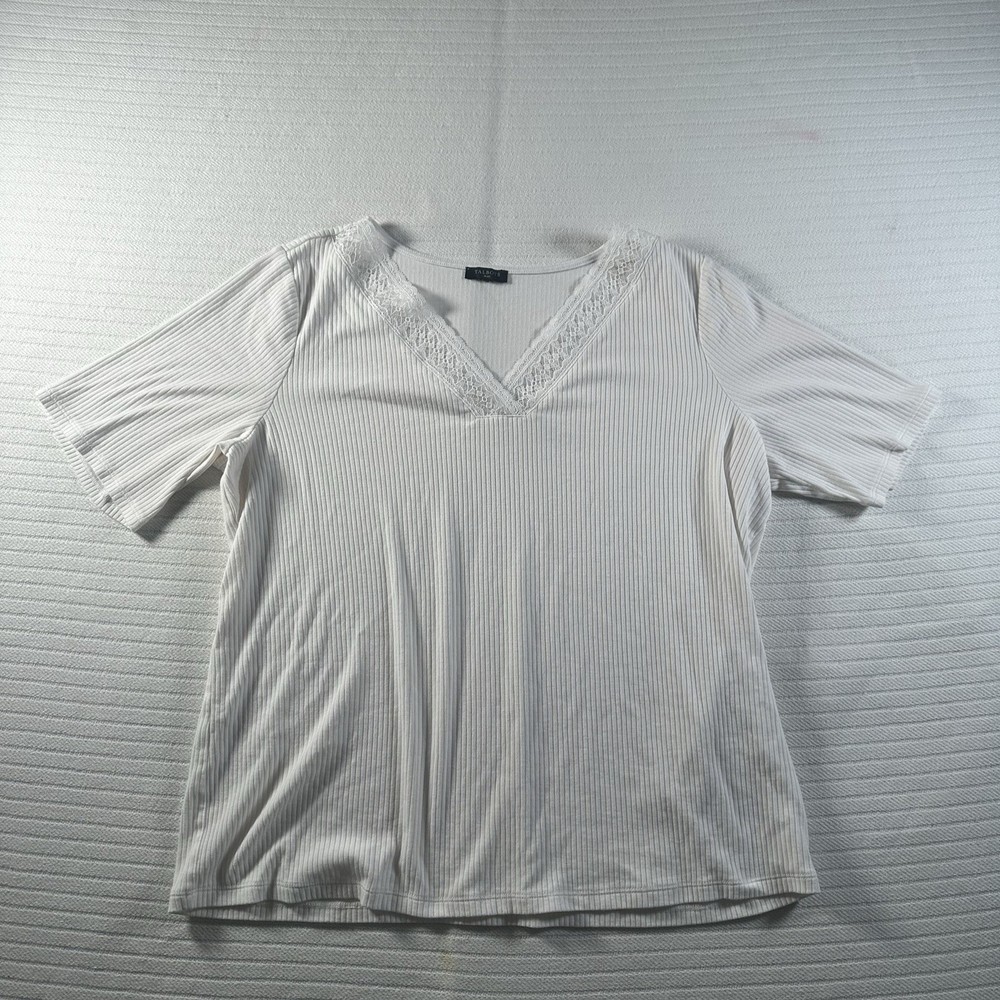 Talbots Women’s Plus Size 1X White Ribbed Lace Trim V-Neck Short Sleeve Top