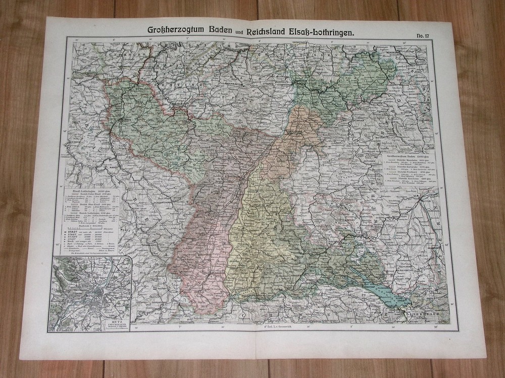 1905 Antique Map Of German Lorraine Alsace Strasbourg Metz France Baden Germany