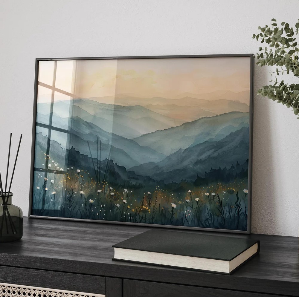 Misty Blue Ridge Mountains Floral Watercolor Wall Art Poster