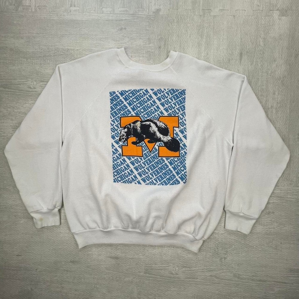 Vintage 80s Michigan Wolverines Sweatshirt Size: XXL White Blue NCAA College