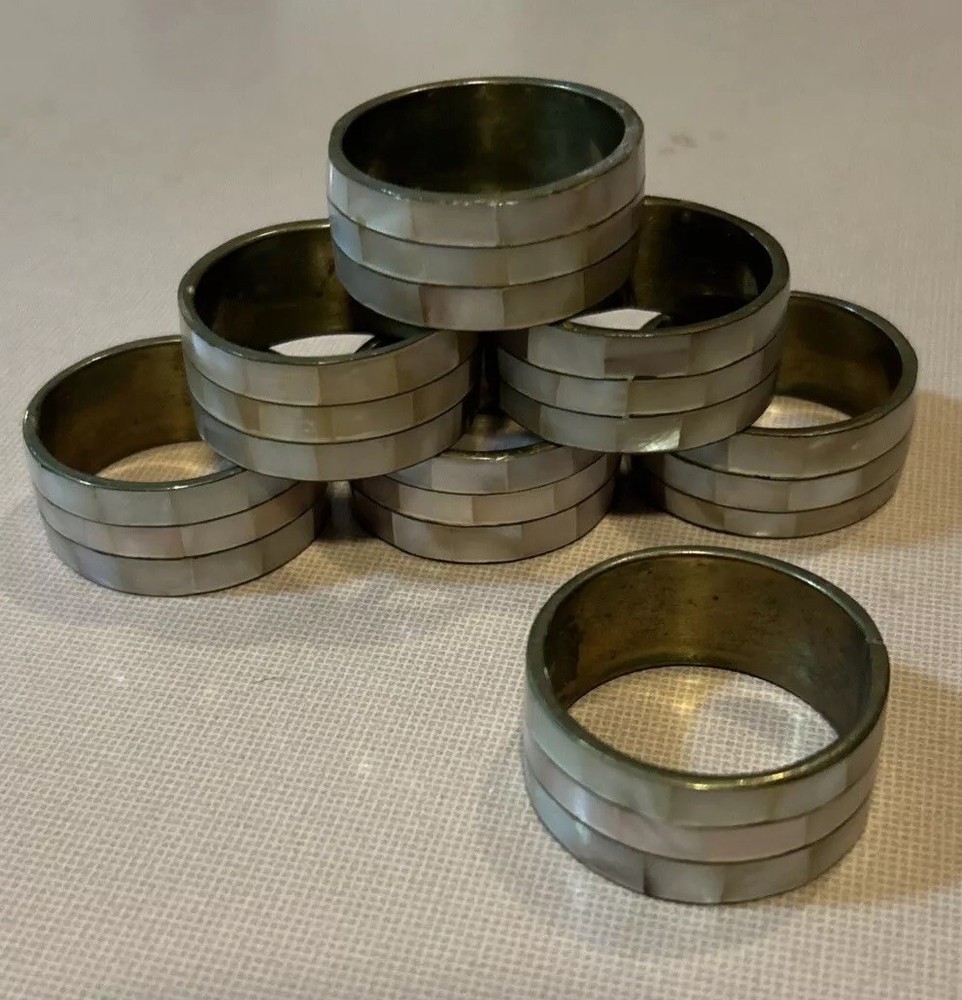 Vintage Lot Set 7 Mother of Pearl Inlay Brass Napkin Rings Shell Philipean made