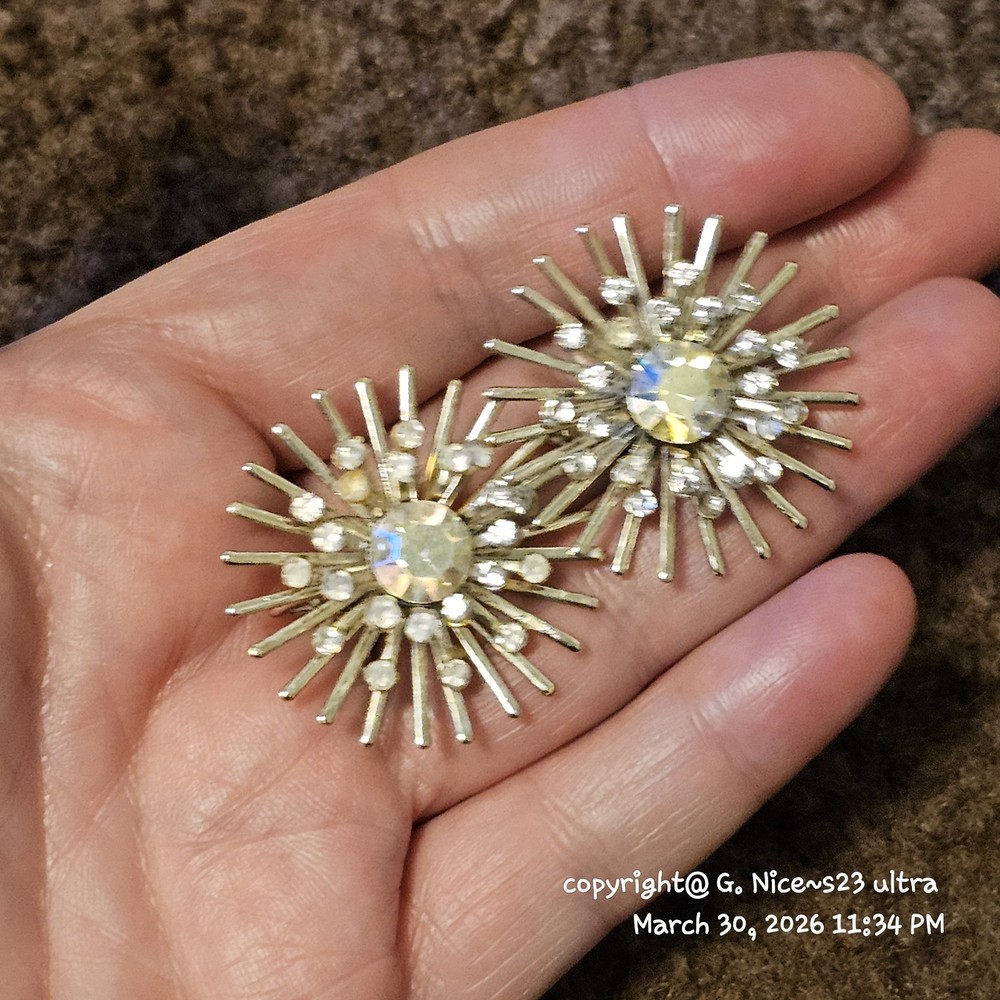 Vintage Gold Tone Atomic Starburst Rhinestone Clip On Earrings