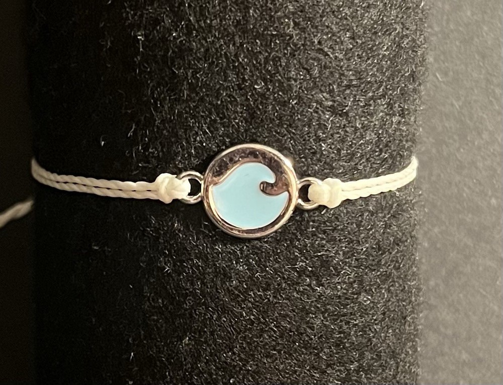 Pura Vida Bracelet White Unbraided Cord Silver & Aqua Wave Charm