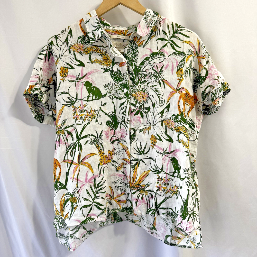 Rachel Zoe Medium 100% Linen Top Jungle Camp Shirt Button Up Tropical Resort