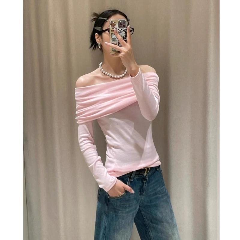 ZARA 2025 Spring Girls Pleated Off-Shoulder Long-Sleeve Tube Top  