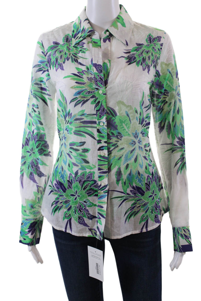 Elie Tahari Womens Cotton Floral Long Sleeve Button Up Blouse Top Green Size XSFree Shipping in US $100+ Orders | $6.95 Orders Below