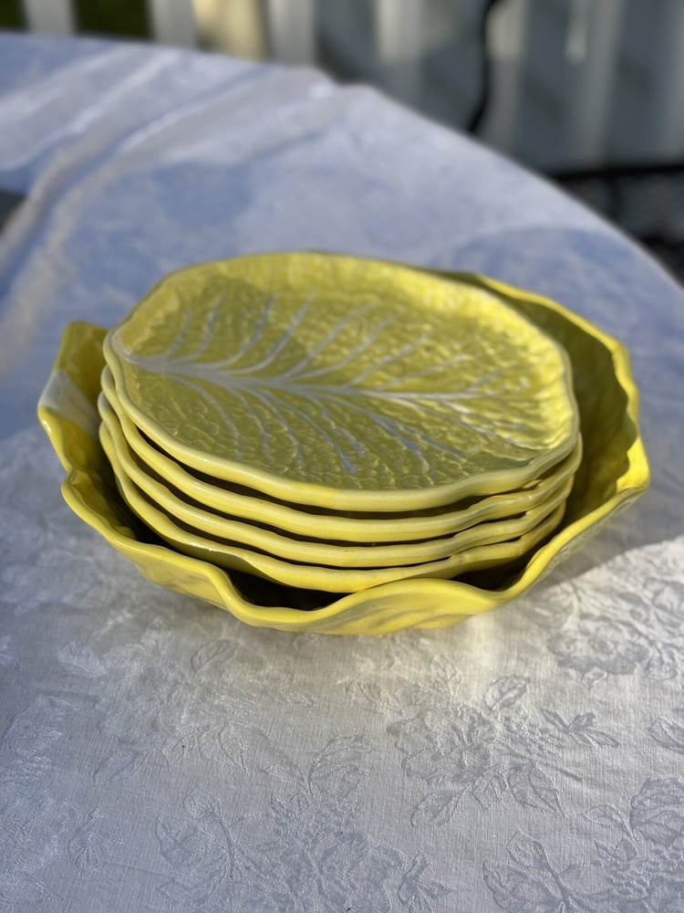 Secla Yellow Cabbage Leaves Salad Bowl (1) Salad Plates (4)Portugal Unboxed