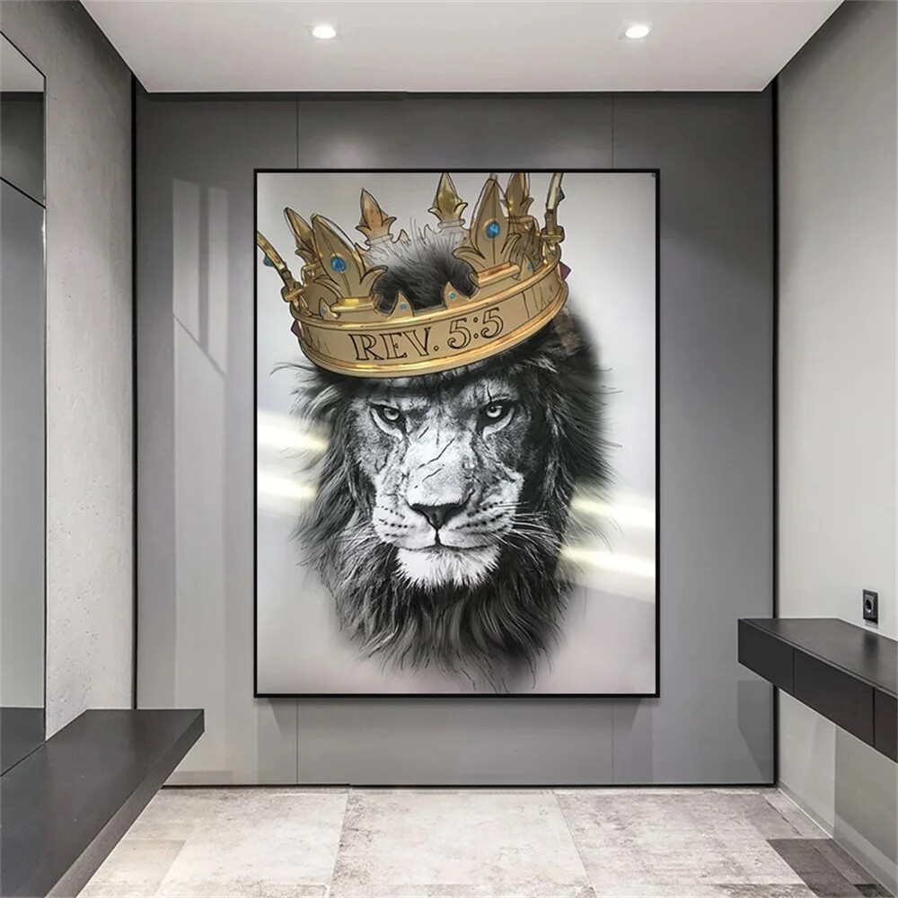 Animal Lion With Golden Crown Canvas Painting Abstract Posters Prints Wall Art-image