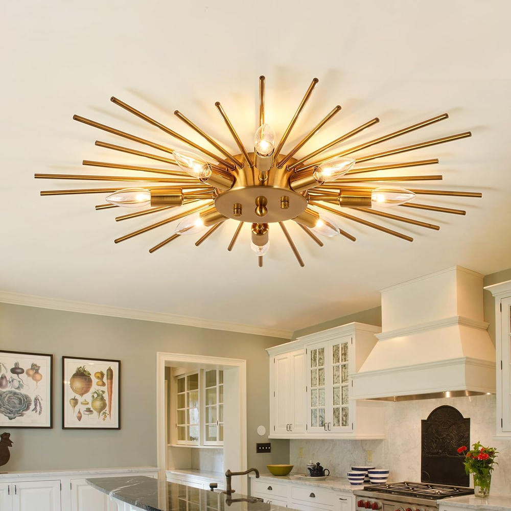 Modern Gold Semi-Flush Mount Ceiling Light with 8 Metal Lights