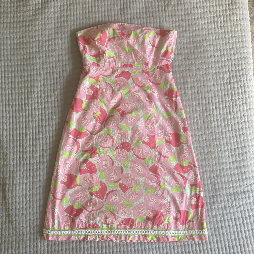 Lilly Pulitzer Strapless Tie Back Dress Green and Pink Peaches Cotton Size 8