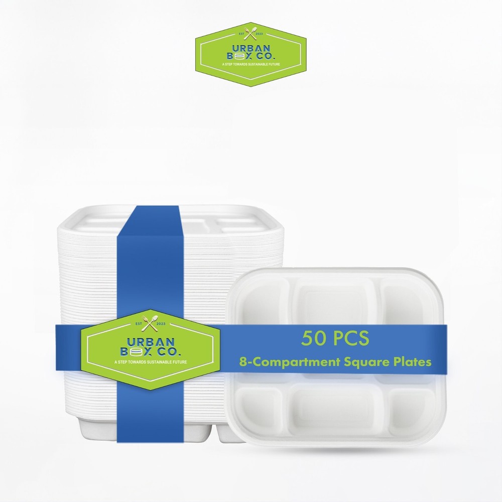 Compostable 8-Compartment Meal Tray by Urban Box Co – 50 Pack No Lid