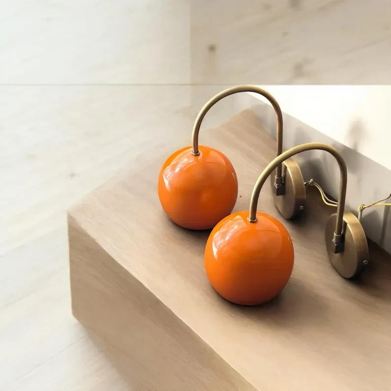 Orange Mid Century Modern Wall Sconces – Italian Style Brass Cone Light – Retro