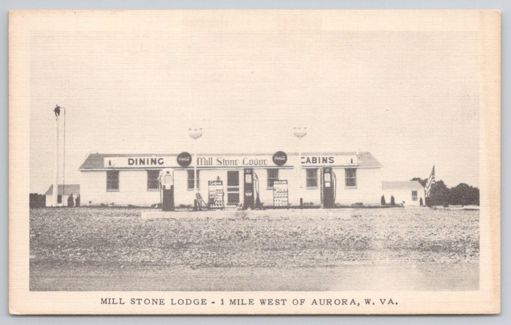 Mill Stone Lodge Aurora WV Postcard Gas Station Cabins Diner Style
