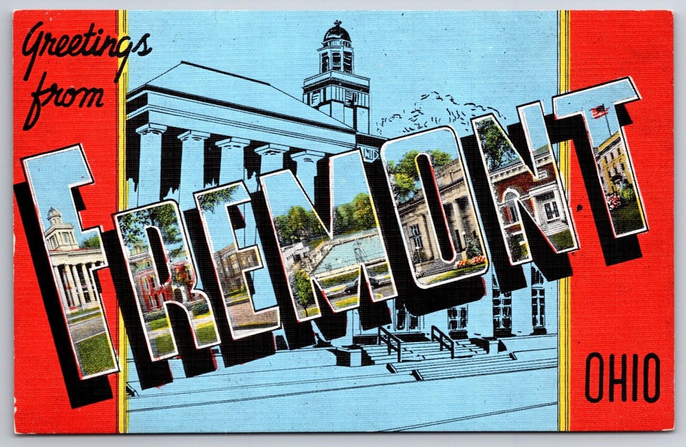 Greetings From Fremont Ohio~Key To Views On Back~Large Letter Vtg Linen Postcard