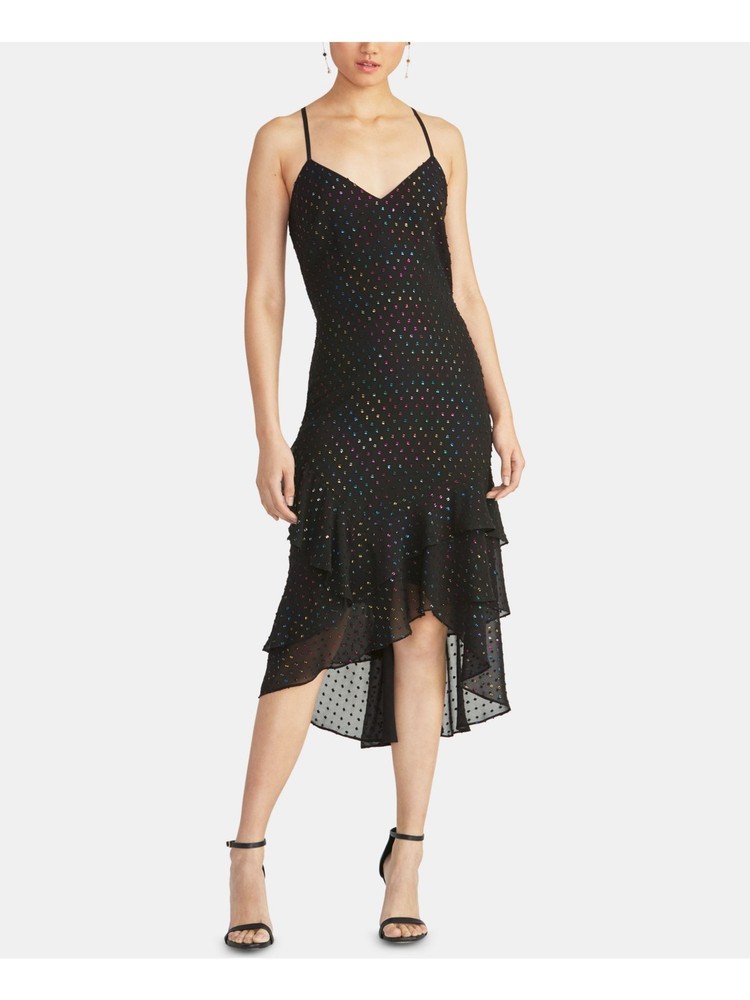 RACHEL ROY Womens Black Polka Dot Spaghetti Strap Midi Hi-Lo Dress Size: M