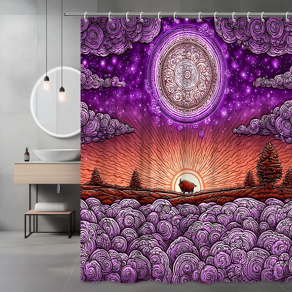 Purple Sunset Cow Landscape Shower Curtain Graphic Print