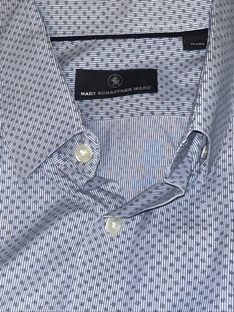 Hart Schaffner Marx Shirt Men’s Large Blue Long Sleeve Button Up Geometric Print
