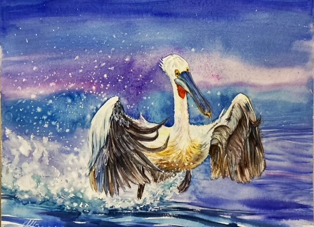 Pelican Ocean Waves  Original Watercolor  Painting