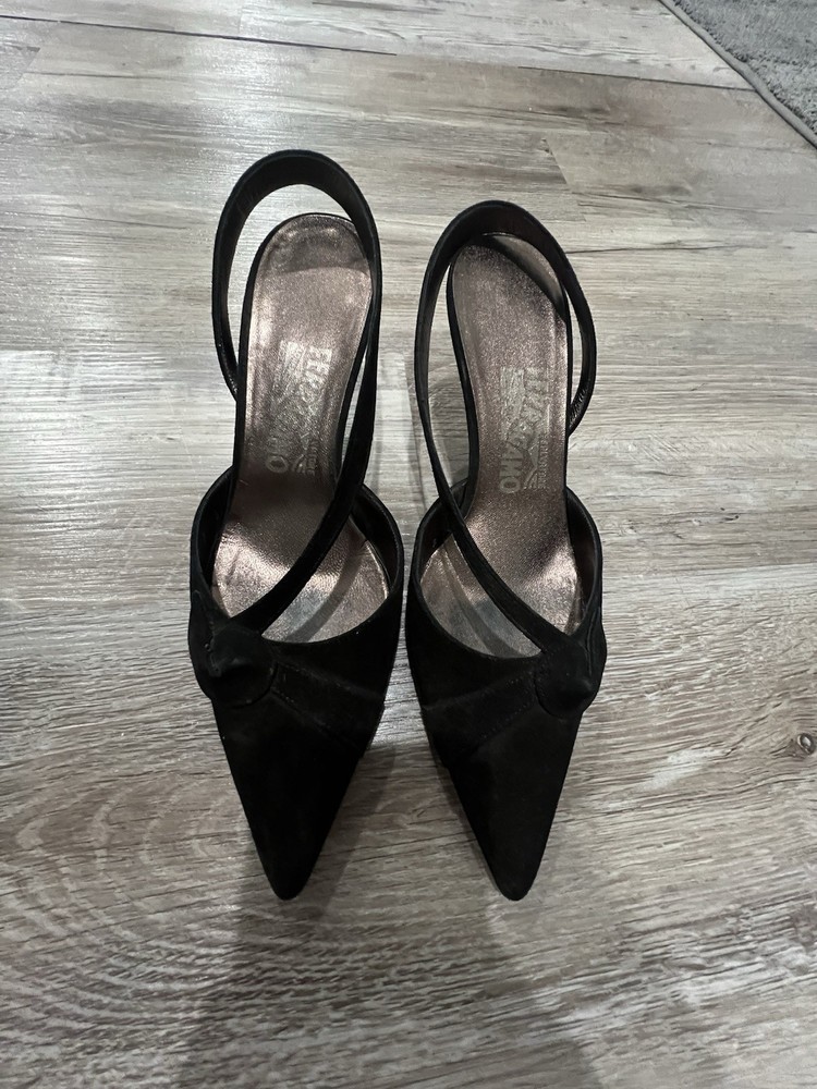 Salvatore Ferragamo Black Suede Pointy Toe Slingback Heel Shoe Size 7 B