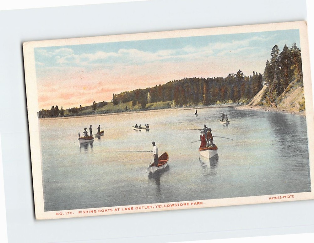 Postcard Fishing Boats at Lake Outlet Yellowstone Park Wyoming USA