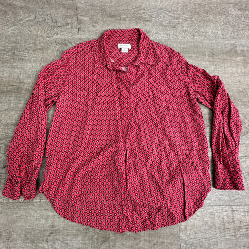 Liz Claiborne Women's Large Blouse Red Polka Dot Long Sleeve Button Up Collared