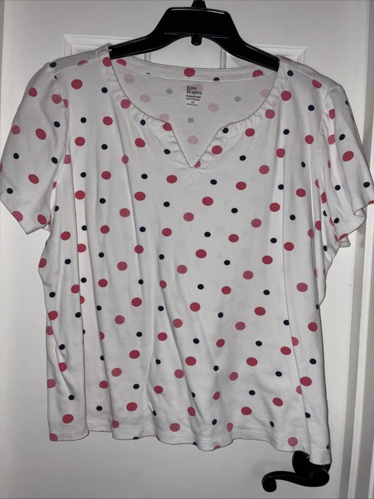 Kim Rogers T-Shirt Womens 1X White W/Pink & Black Polka Dots V-Neck Short Sleeve