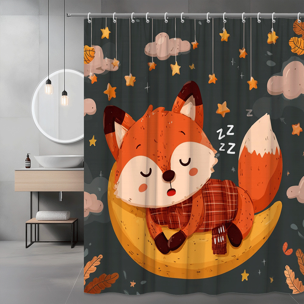 Cute Fox Moon Shower Curtain, Autumn Stars and Clouds Print