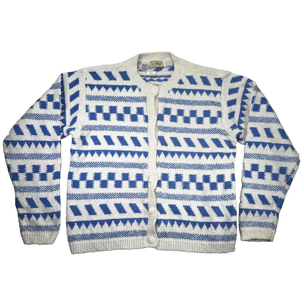 Vintage LL Bean Cardigan Womens XL Blue White Button Up Geometric Classic USA