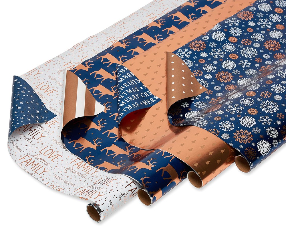80 sq. ft. Reversible Blue Wrapping Paper Bundle for Christmas, Snowflake, Re...