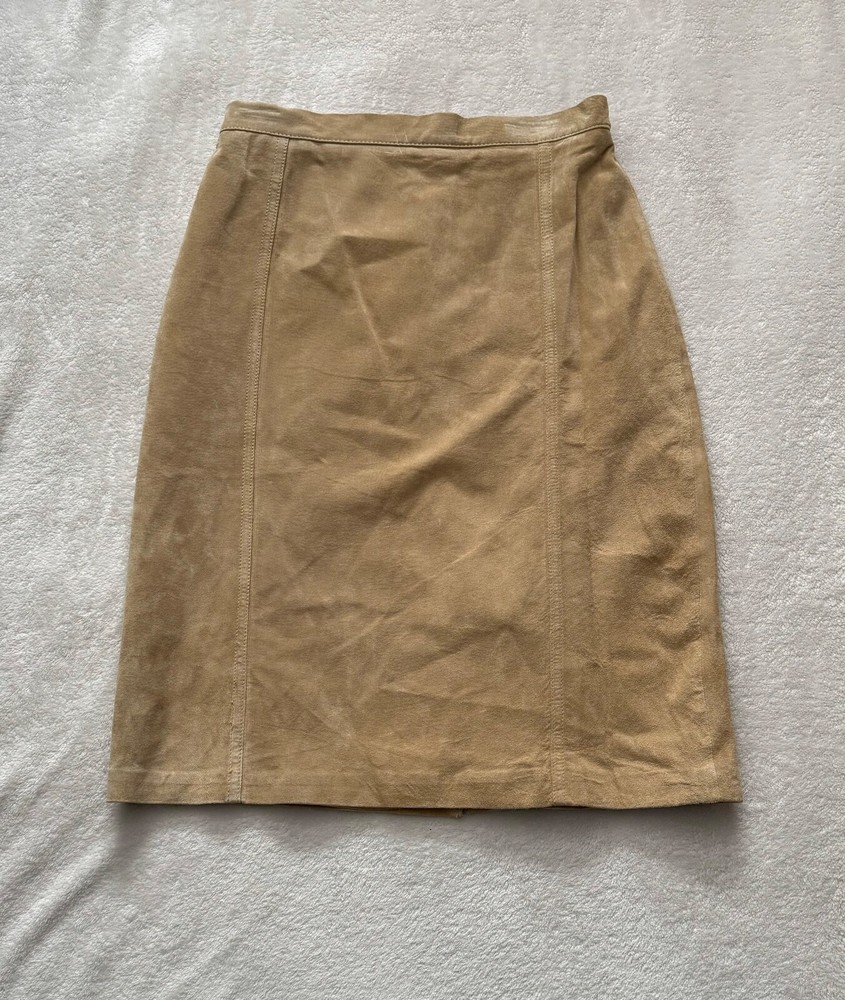 VTG Terry Lewis Classic Luxuries Women's A-line Tan Suede Leather Skirt Size 12