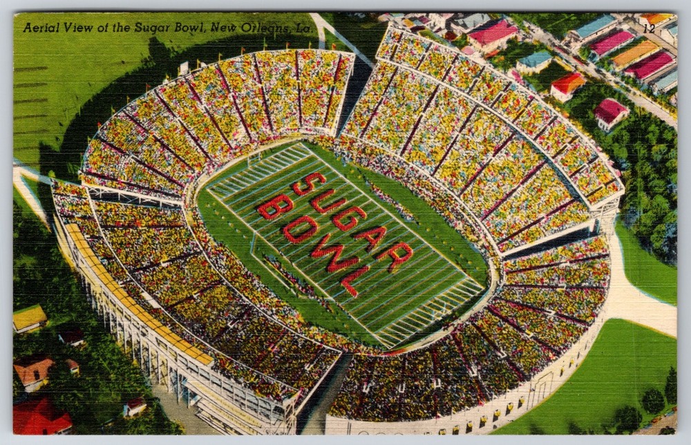LA New Orleans Tulane Football Stadium Sugar Bowl Aerial View Linen Postcard