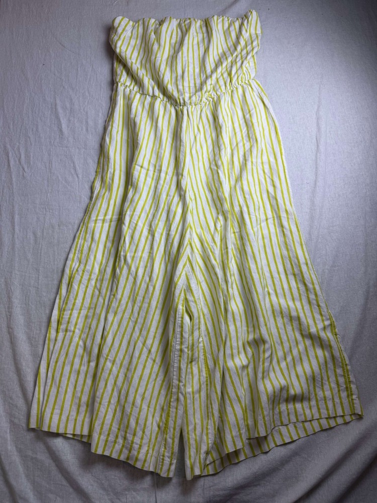 Ashley Stewart Jumpsuit Womens Size 16 Yellow Striped Strapless Wide Leg Lined