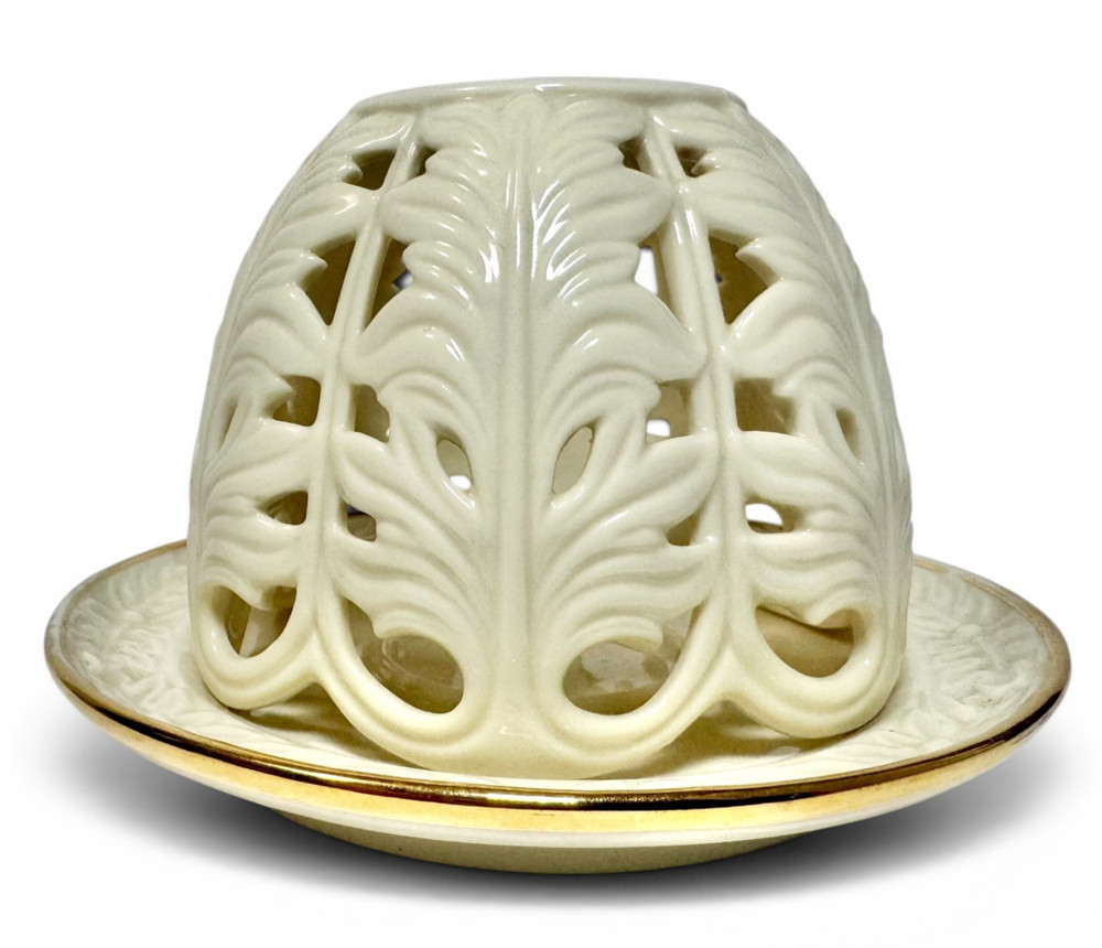 Lenox Illuminations Pierced Round Tea Light  Candle Holder Off White Gold Trim