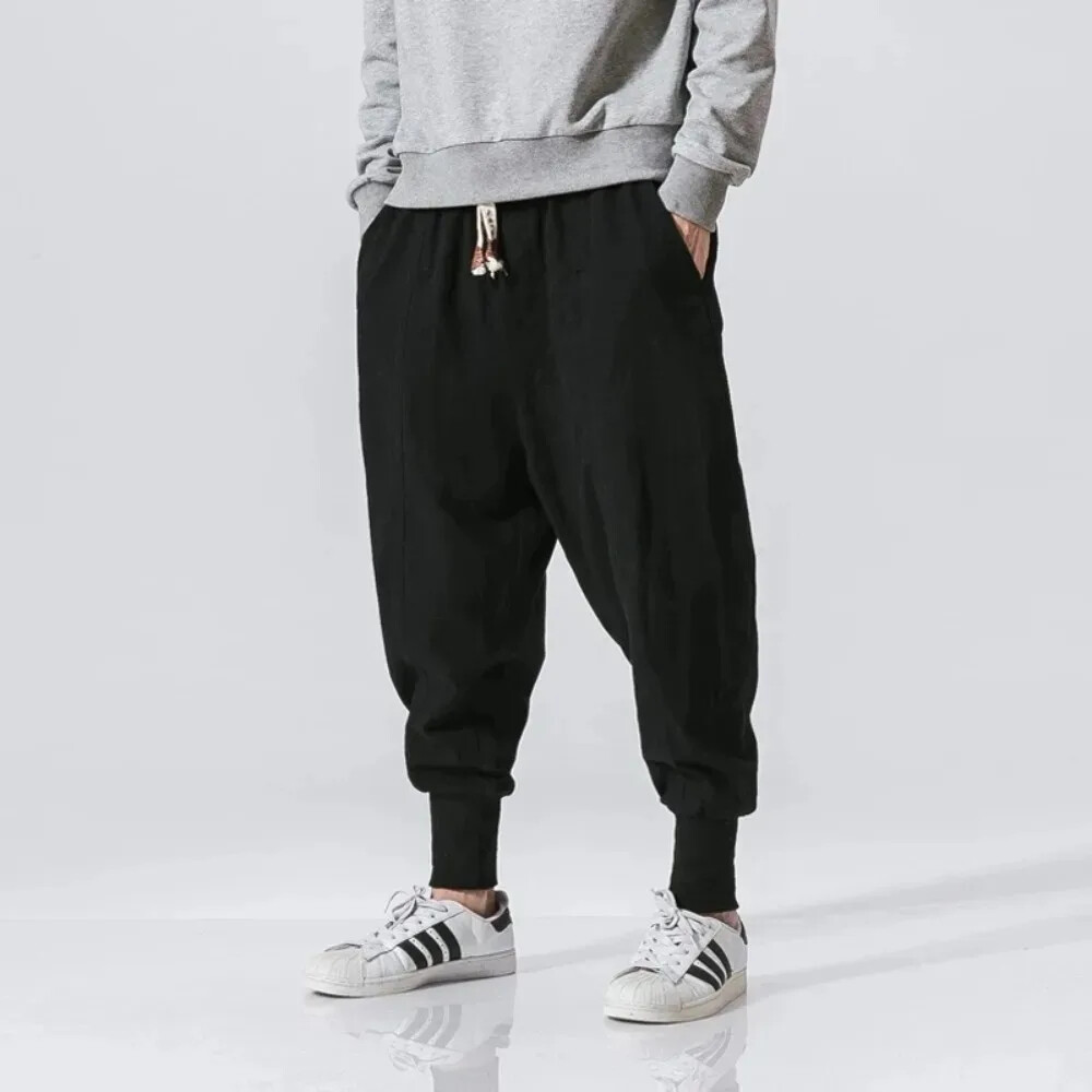 Men’s Japanese Cotton Linen Stretch Joggers Comfortable Casual Elastic Waist Trousers
