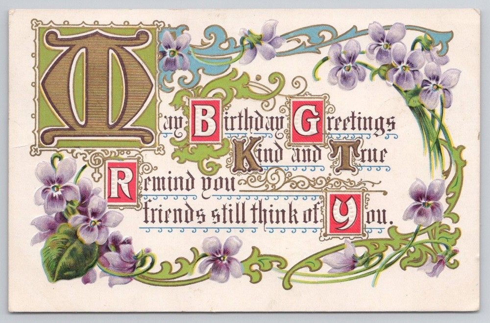 Vintage Embossed Violets Happy Birthday Postcard, Motto Series No2, Unposted