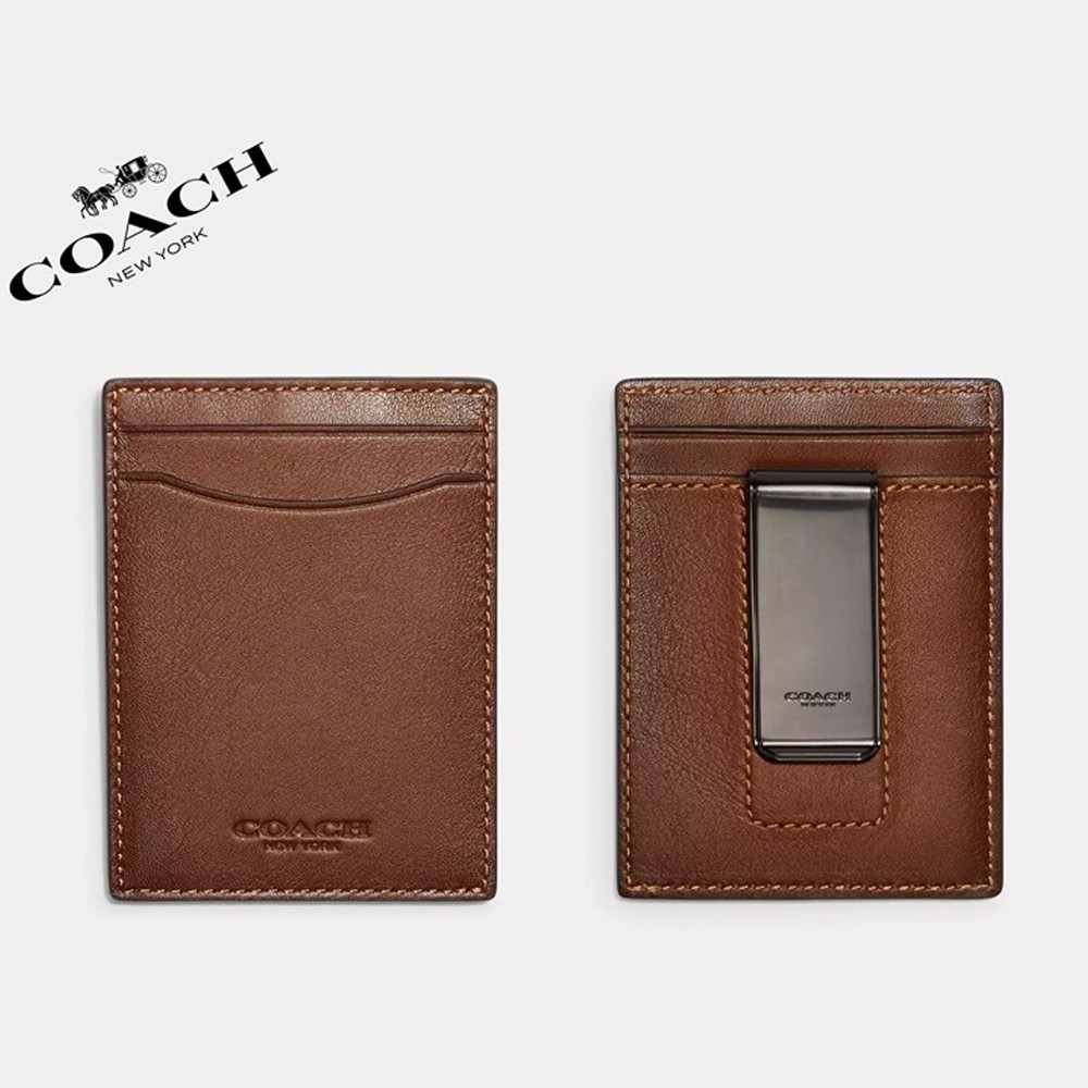 NWT ❤️ Coach Leather Money Clip Card Case Dark Saddle/Dark Saddle Retail