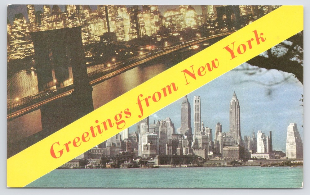 State View~Skyline & Brooklyn Bridge At Night New York City~Vintage Postcard