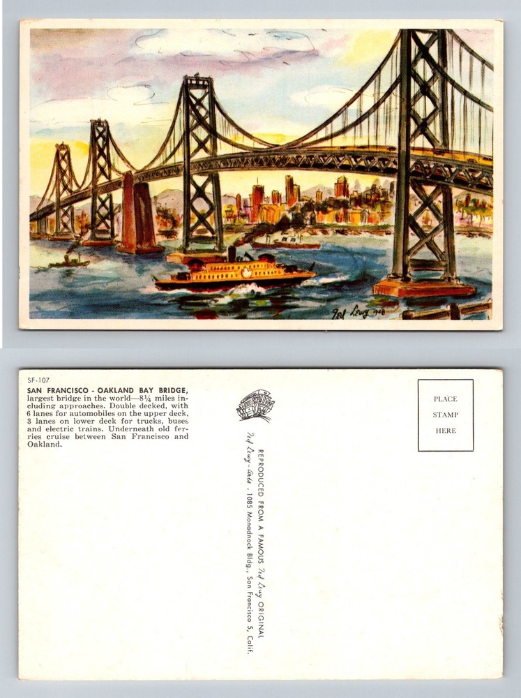 San Francisco CA-California, Oakland Bay Bridge Ferry Scene Vintage Postcard