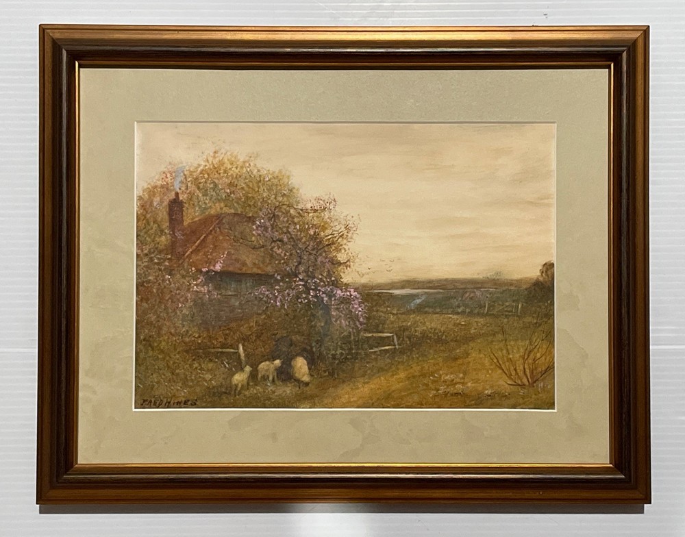 Victorian-era Countryside Landscape Watercolor by Fred Hines, Early 1900s